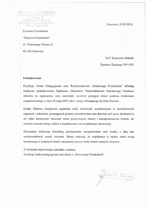 Podziękowanie za organizację Dnia Dziecka 28 maja 2025 r. w Śląskim OW NFZ