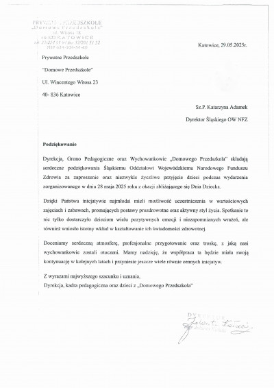 Podziękowanie za organizację Dnia Dziecka 28 maja 2025 r. w Śląskim OW NFZ
