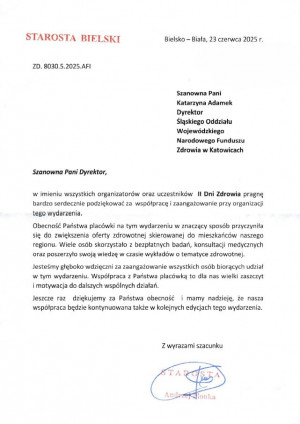 Podziękowanie za udział w II Dniach Zdrowia w Bielsku-Białej