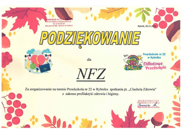 Podziękowanie Przedszkola nr 22 w Rybniku