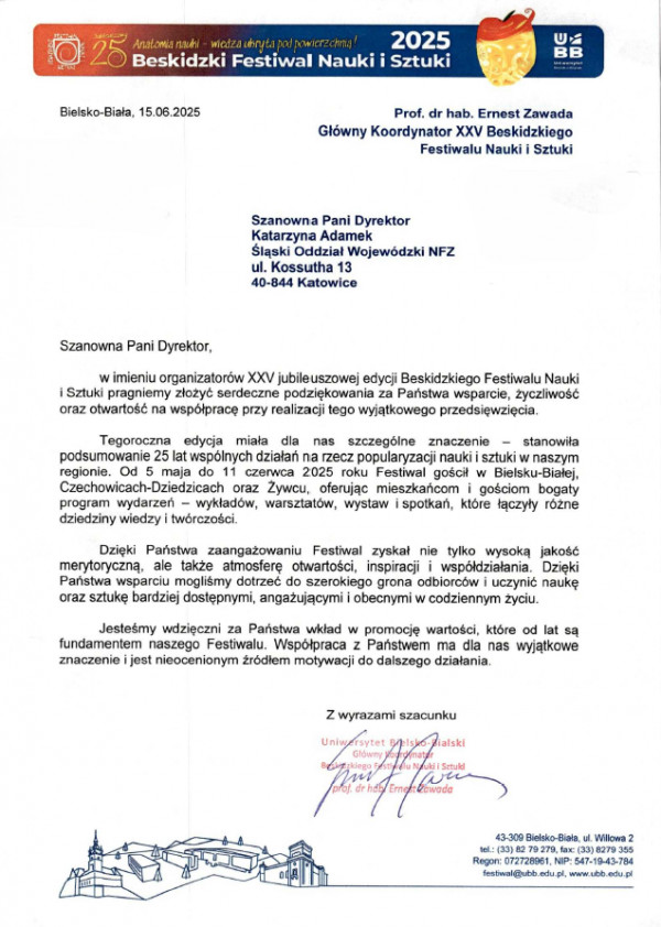 Podziękowanie dla Śląskiego OW NFZ za udział w XXV jubileuszowej edycji Beskidzkiego Festiwalu Nauki i Sztuki