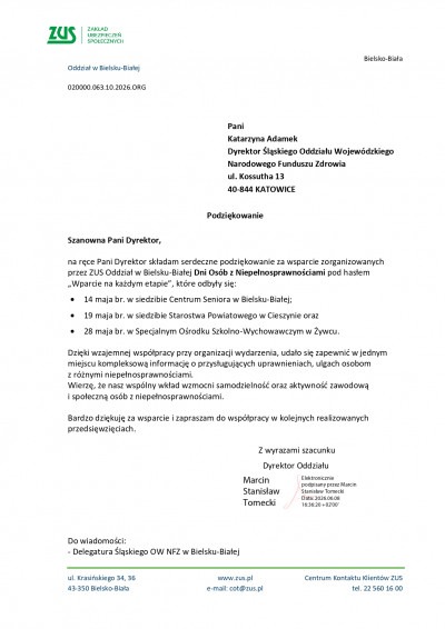 Podziękowanie za współpracę przy organizacji Dni Osób z Niepełnosprawnościami