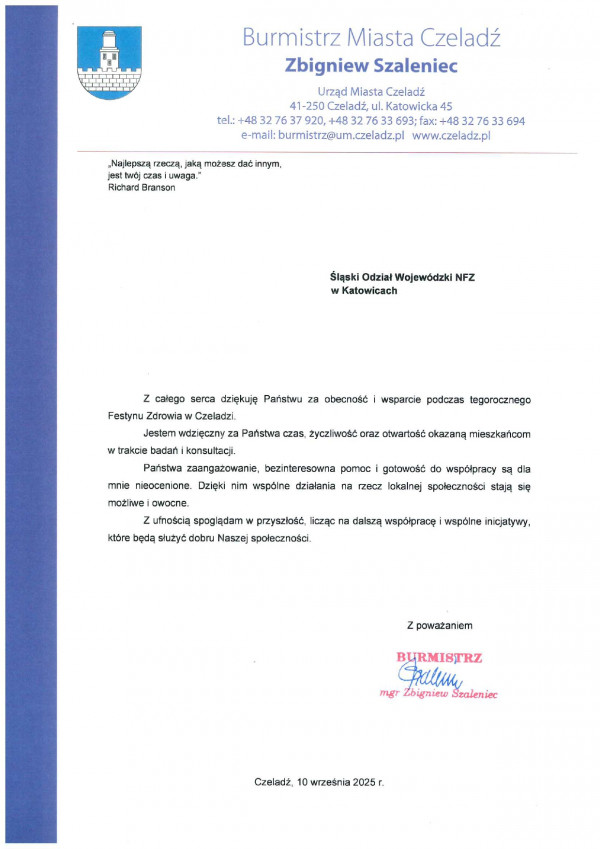 Podziękowanie dla Śląskiego OW NFZ za udział w Festynie Zdrowia w Czeladzi