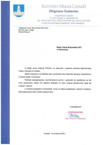 Podziękowanie dla Śląskiego OW NFZ za udział w Festynie Zdrowia w Czeladzi