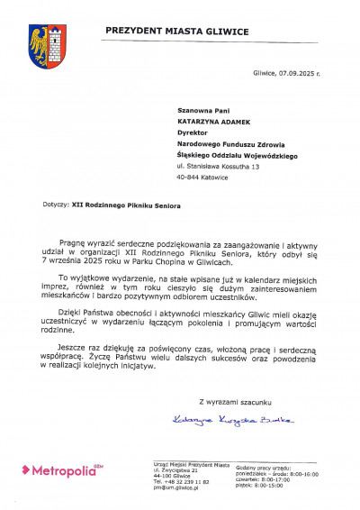 Podziękowanie za udział w organizacji XII Rodzinnego Pikniku Seniora 7 września 2025 r. w Gliwicach