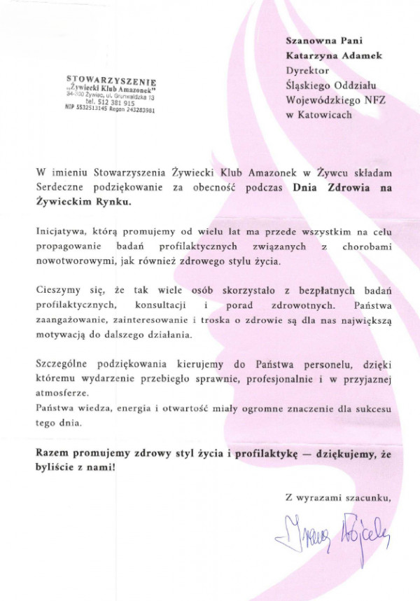 Podziękowanie dla Śląskiego OW NFZ za wsparcie wydarzenia „Dzień Zdrowia na Żywieckim Rynku”