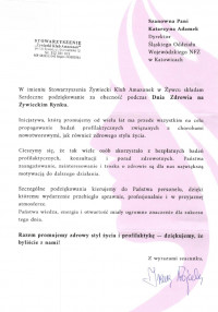 Podziękowanie dla Śląskiego OW NFZ za wsparcie wydarzenia „Dzień Zdrowia na Żywieckim Rynku”