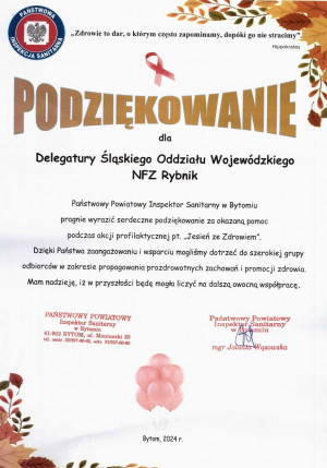 Podziękowanie Państwowego Powiatowego Inspektora Sanitarnego w Bytomiu dla Delegatury Śląskiego OW NFZ w Rybniku