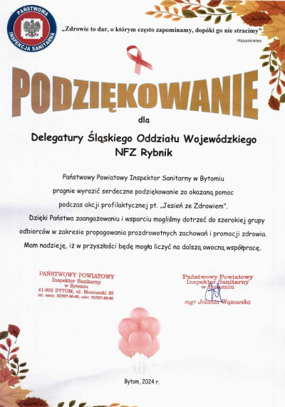 Podziękowanie Państwowego Powiatowego Inspektora Sanitarnego w Bytomiu dla Delegatury Śląskiego OW NFZ w Rybniku