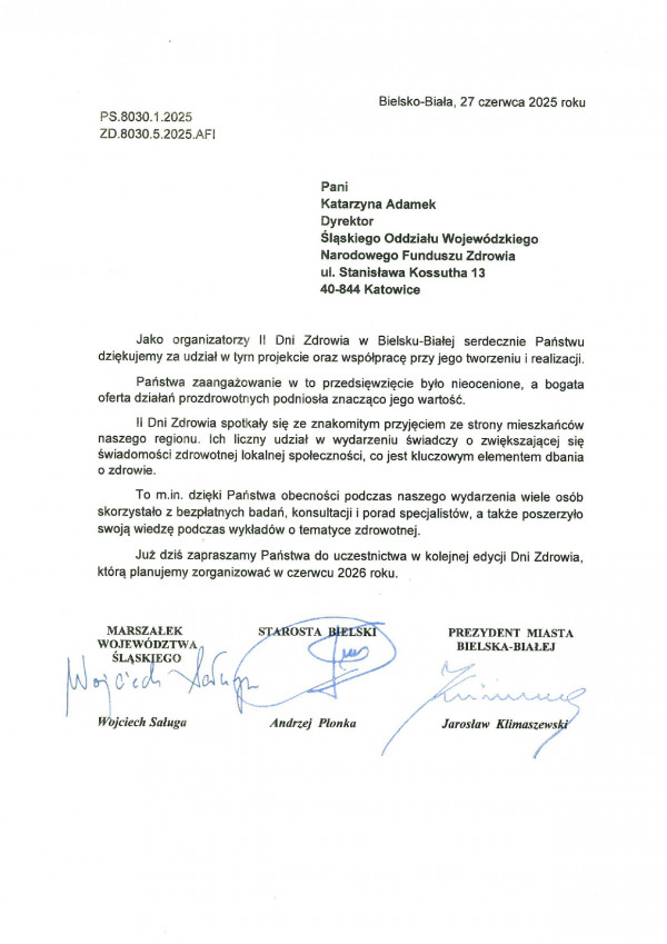 Podziękowanie dla Śląskiego OW NFZ za udział w II Dniach Zdrowia 14-15 czerwca 2025 r. w Bielsku-Białej