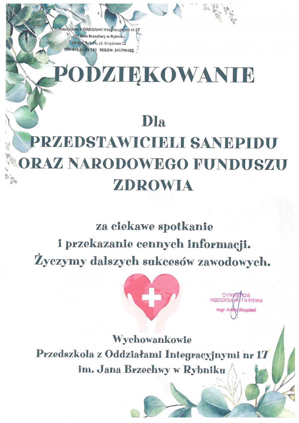 Podziękowanie Przedszkola z Oddziałami Integracyjnymi nr 17 im. Jana Brzechwy w Rybniku