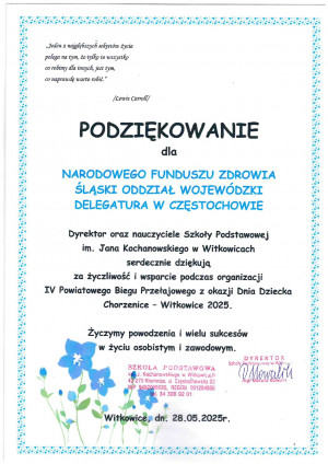 Podziękowanie dla Delegatury Śląskiego OW NFZ za wsparcie organizacji IV Powiatowego Biegu Przełajowego z Okazji Dnia Dziecka Chorzenice – Witkowice 2025.