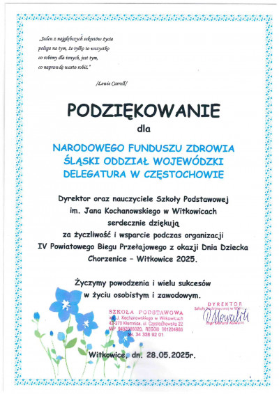 Podziękowanie dla Delegatury Śląskiego OW NFZ za wsparcie organizacji IV Powiatowego Biegu Przełajowego z Okazji Dnia Dziecka Chorzenice – Witkowice 2025.