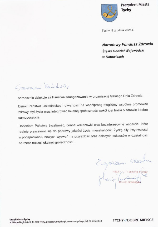 Podziękowanie za udział w wydarzeniu "Tyski Dzień Zdrowia"