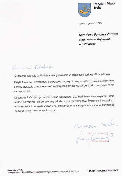 Podziękowanie za udział w wydarzeniu "Tyski Dzień Zdrowia"