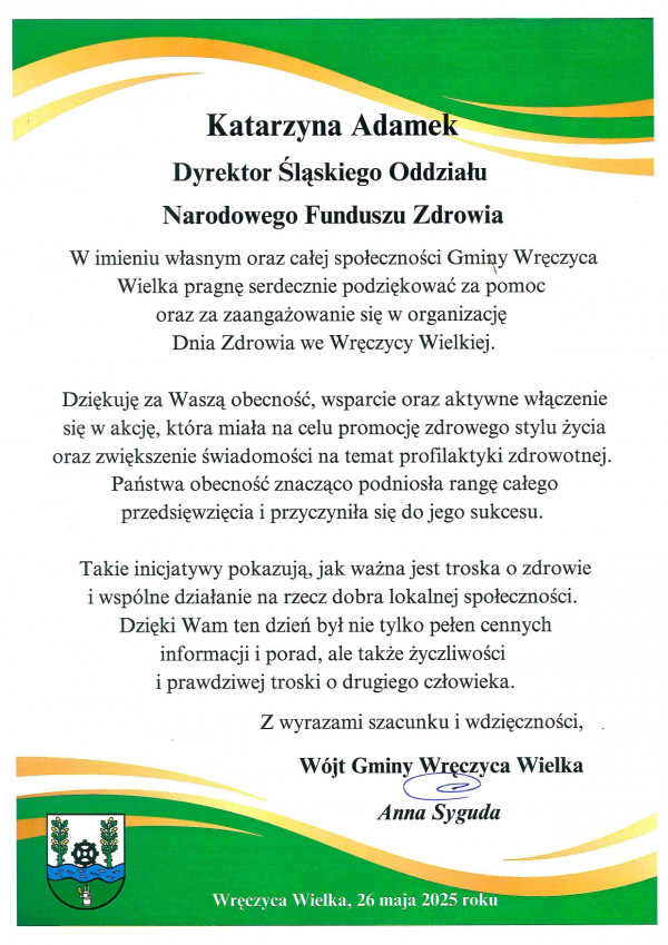 Podziękowanie dla Śląskiego OW NFZ za wsparcie w organizacji „Dnia Zdrowia” we Wręczycy Wielkiej