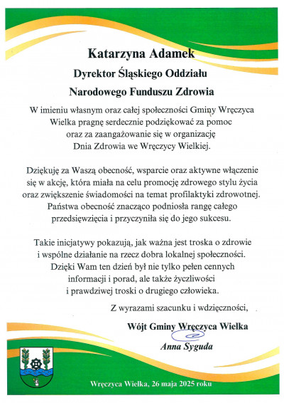 Podziękowanie dla Śląskiego OW NFZ za wsparcie w organizacji „Dnia Zdrowia” we Wręczycy Wielkiej