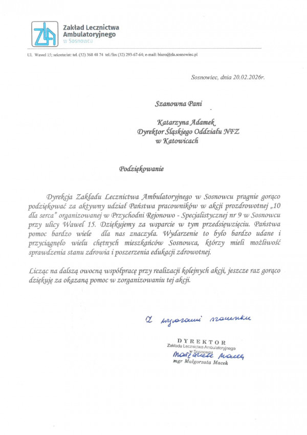 Podziękowania Dyrekcji Zakładu Lecznictwa Ambulatoryjnego w Sosnowcu za udział w wydarzeniu profilaktycznym