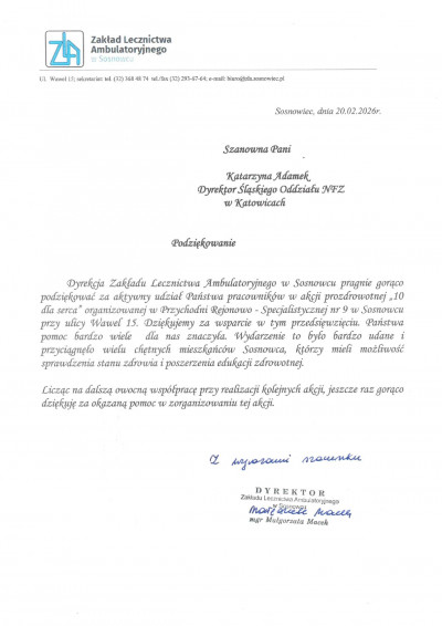 Podziękowania Dyrekcji Zakładu Lecznictwa Ambulatoryjnego w Sosnowcu za udział w wydarzeniu profilaktycznym