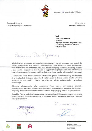 Podziękowanie za udział w wydarzeniu „I Sosnowieckie Forum Zdrowia”.