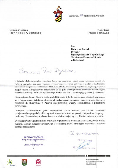 Podziękowanie za udział w wydarzeniu „I Sosnowieckie Forum Zdrowia”.