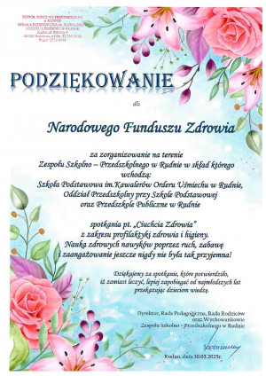 Podziękowanie dla Narodowego Funduszu Zdrowia za zorganizowanie warsztatów pt. „Ciuchcia Zdrowia” 30 maja 2025 r.