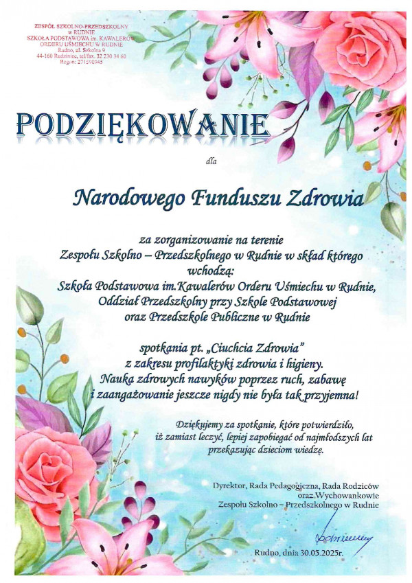 Podziękowanie dla Narodowego Funduszu Zdrowia za zorganizowanie warsztatów pt. „Ciuchcia Zdrowia” 30 maja 2025 r.