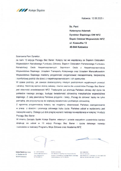 Podziękowanie za wsparcie wydarzenia pt. „Pociąg bez barier”