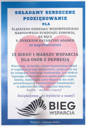 Podziękowanie dla Śląskiego OW NFZ za wsparcie Parafialnego Biegu i Marszu Wsparcia dla Osób z Depresją